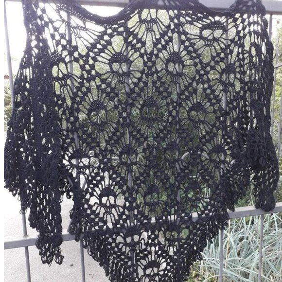 Hand-Crocheted Skull Shawl – Black Gothic Lace Wrap | Festival Boho Witchy Style - Picture 1 of 9